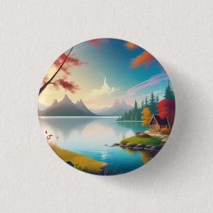 Nature Scenery with A Lake and Cottage 3 Cm Round Badge
