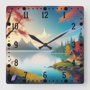 Nature Scenery with A Lake and Cottage Square Wall Clock