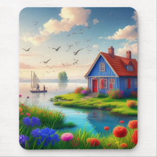 Nature Scenery with Cottage and Lake,-434567 Mouse Pad