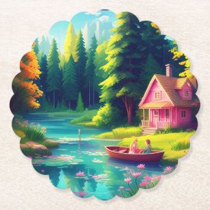 Nature Scenery With Pink Cottage-68486 Paper Coaster