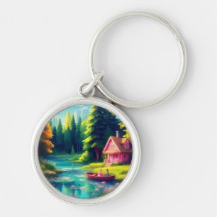 Nature Scenery with Pink Cottage-68884 Key Ring