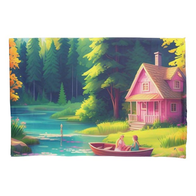 Nature Scenery with Pink Cottage Pillowcase (Front)