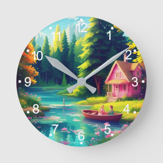 Nature Scenery with Pink Cottage Round Clock (Front)