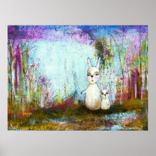 Nature School, Mama and Baby Rabbits Abstract Art Poster
