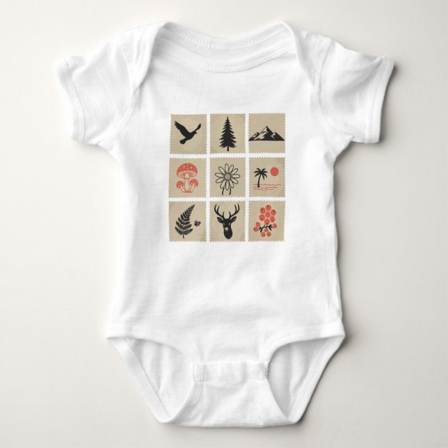 Nature stamp collage baby bodysuit (Front)