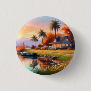 Nature Sunset Painting with Lake, Cottage 3 Cm Round Badge