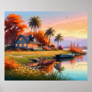 Nature Sunset Painting with Lake, Cottage Poster