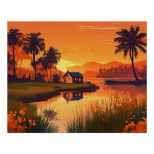 Nature Sunset Painting with Lake, Cottage Poster