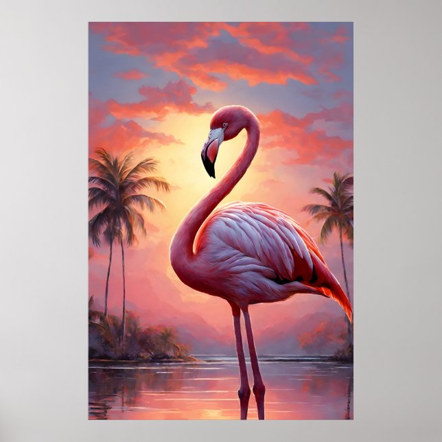 Nature Sunset Pink Flamingo Vintage Poster (Front)