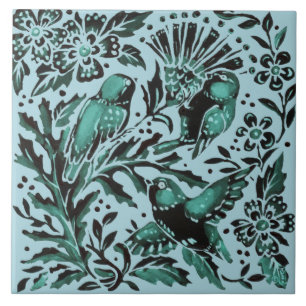 Nature Teal Bue Birds & Flowers Aqua Green Pretty Ceramic Tile