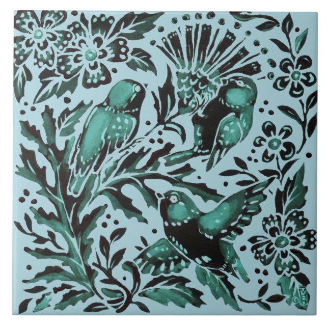 Nature Teal Bue Birds & Flowers Aqua Green Pretty Ceramic Tile (Front)