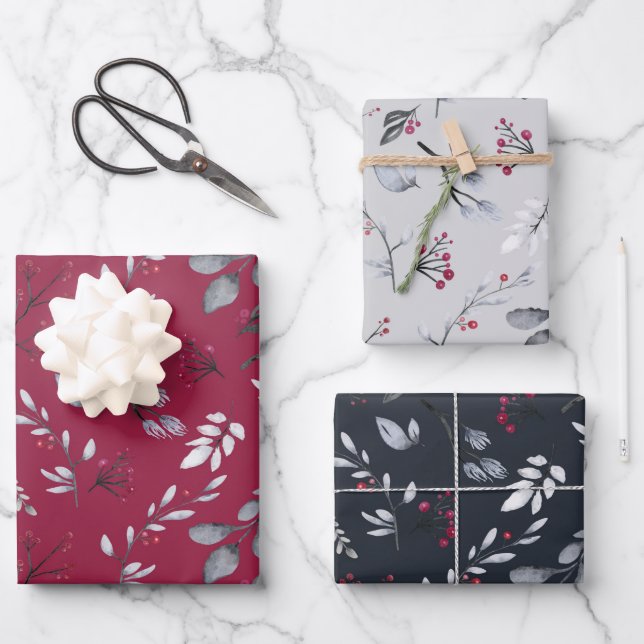 Nature Theme Botanical Berries & Leaves Christmas Wrapping Paper Sheet (Front)