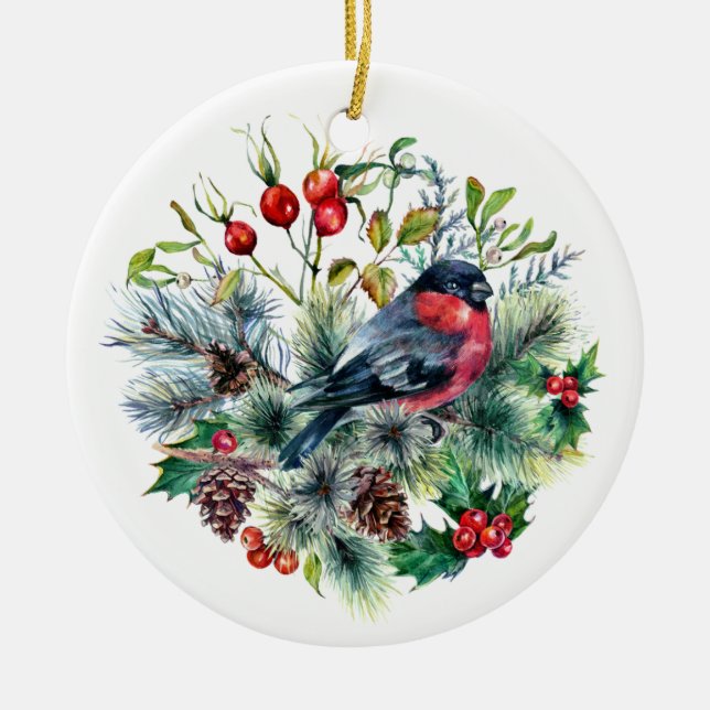 Nature Theme Bullfinch Pine Branches Pine Cones Ceramic Ornament (Front)