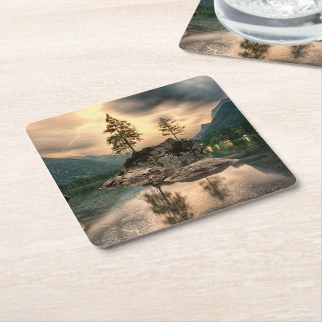 Nature Travels - Water Mountains Landscape Square Paper Coaster (Angled)