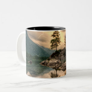 Nature Travels - Water Mountains Landscape Two-Tone Coffee Mug