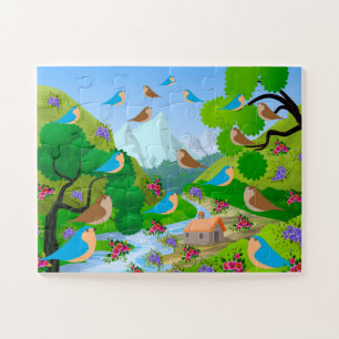 Nature Trees Birds Flowers River House, Age 4 Jigsaw Puzzle