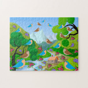 Nature Trees Birds Flowers River House, Age 8 Jigsaw Puzzle