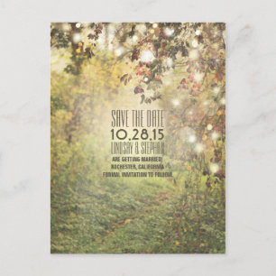 Nature trees & string lights rustic save the date announcement postcard