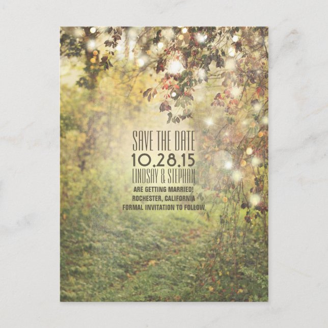 Nature trees & string lights rustic save the date announcement postcard (Front)