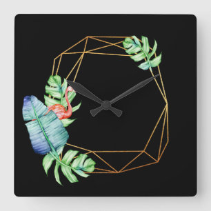 Nature Tropical Black Gold Flamingo Leaf Poligonal Square Wall Clock