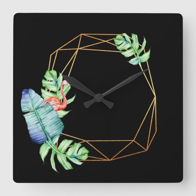 Nature Tropical Black Gold Flamingo Leaf Poligonal Square Wall Clock (Front)