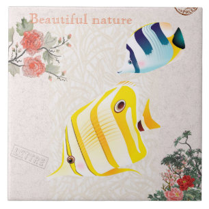 Nature Vintage Modern Fish Flowers Leaves Ceramic Tile