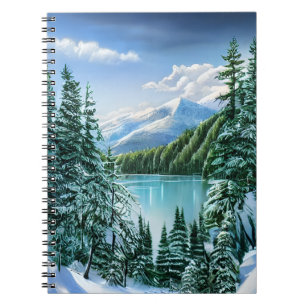 Nature Winter Sky Mountain Lake Pine Trees Notebook