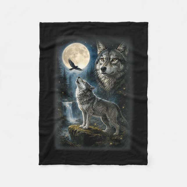 Nature wolf forest trees wolves wild animal moon fleece blanket (Front)