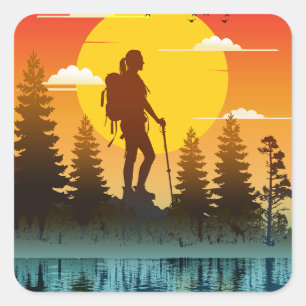 Nature Women Hiking Sunset Square Sticker