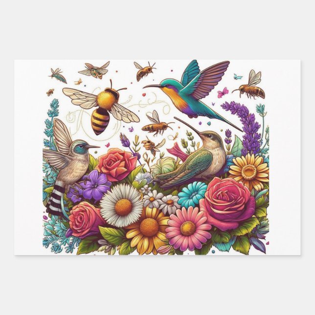 Nature's Ballet Hummingbirds Bees Amidst Flowers Wrapping Paper Sheet (Front)