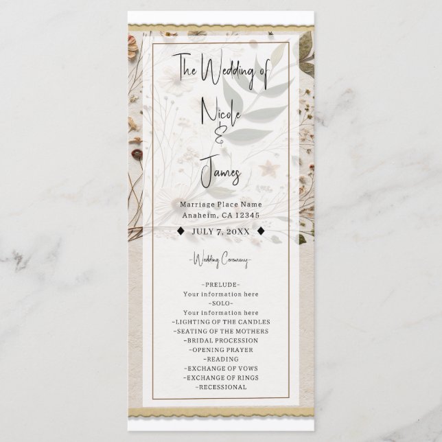 Nature's Beauty Botanical Flowers & Leaves Wedding Program (Front)