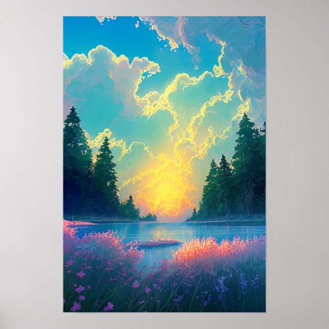 Nature's Canvas, Charming Lake and Golden Sunset Poster (Front)