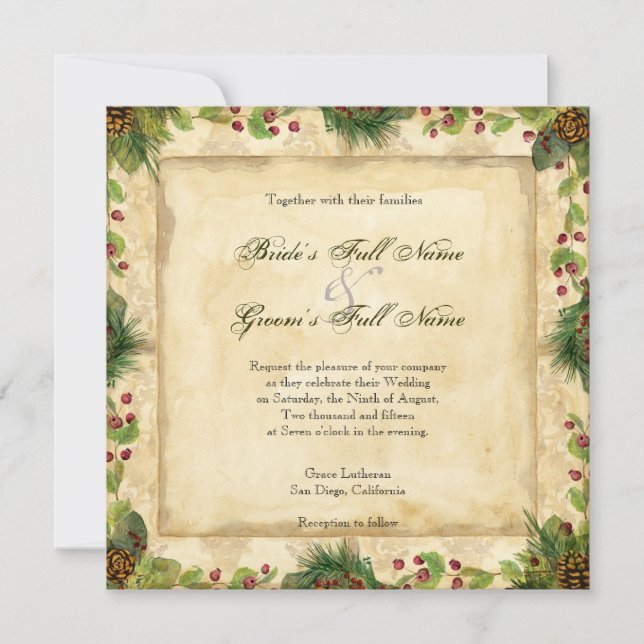 Nature's Christmas Magnolia Wreath n Pine Boughs Invitation (Front)
