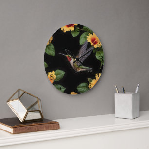 "Nature's Harmony: A Hummingbird Hibiscus Blooms Large Clock