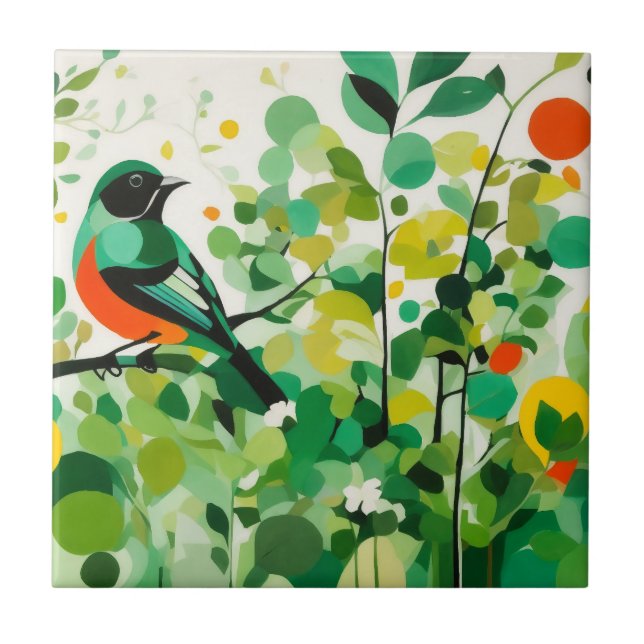 Nature's Harmony, Abstract Bird on Tree Branch Ceramic Tile (Front)
