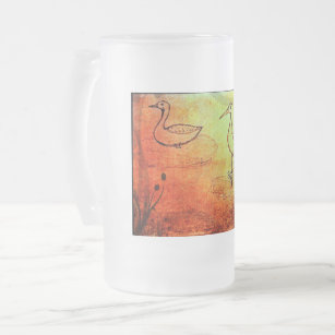 Nature's Haze: Rain-Softened Duck & Crane Frosted Glass Beer Mug
