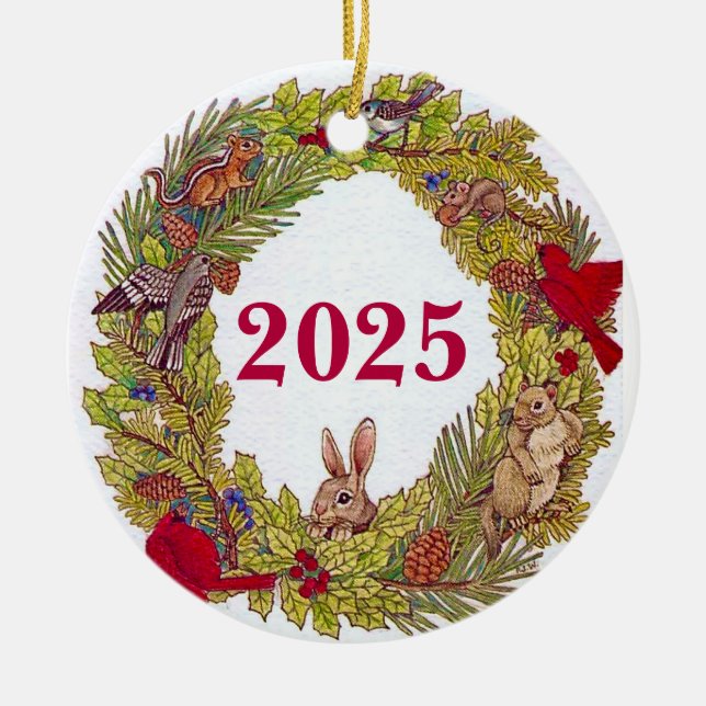 Nature's Holiday Wreath Ceramic Ornament (Front)