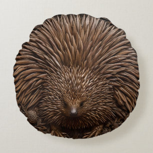 Nature's Quill: The Australian Echidna in Wood, Round Cushion
