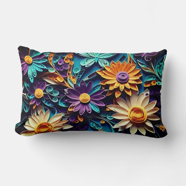 Nature's Tapestry: Quilled Floral Paper Artwork Lumbar Cushion (Front)