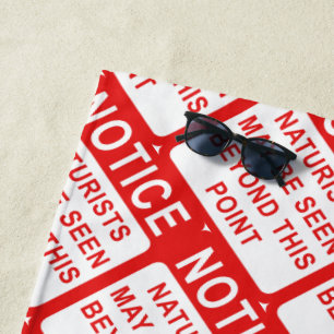 Naturist Beach - Red and White Sign Pattern Beach Towel