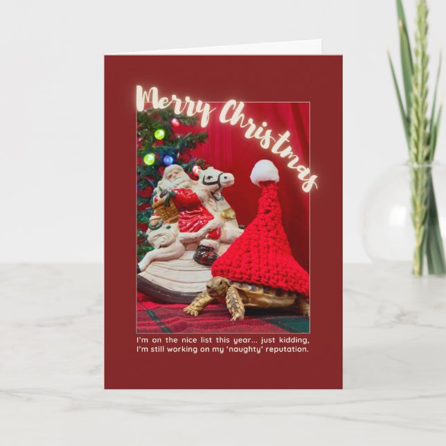 Naughty and Cute Christmas Baby Turtle with Santa Card (Front)