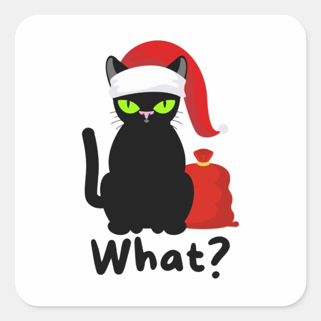 Naughty Black Cat Wearing Santa Hat Square Sticker (Front)