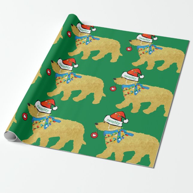 Naughty but Nice Christmas Goldendoodle Green Wrapping Paper (Unrolled)