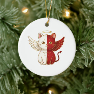 Naughty Cat Angel and Mischievous Cat Split Xmas Ceramic Ornament