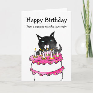 Naughty cat with cake birthday card