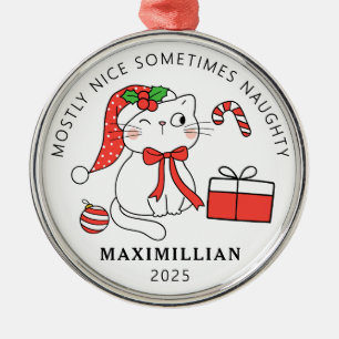 Naughty Cat with Santa Hat Christmas Metal Ornament