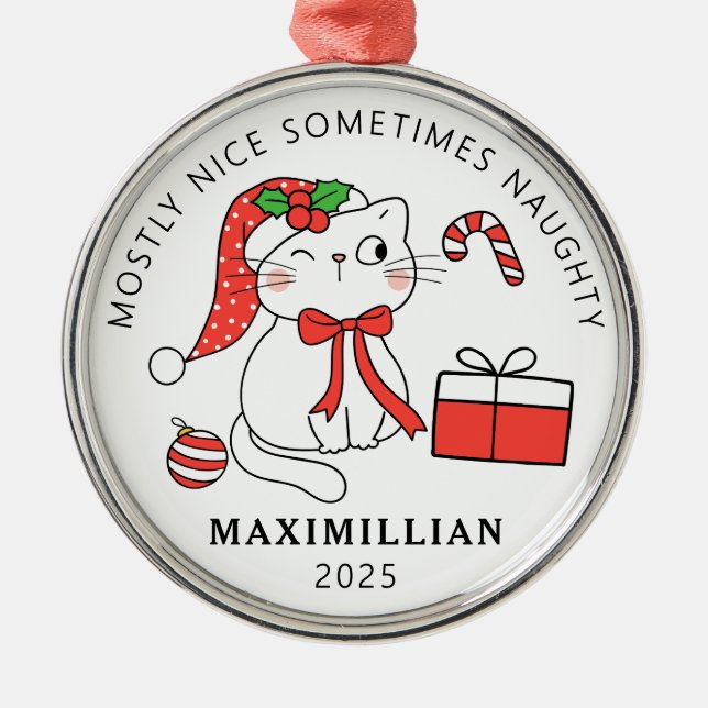 Naughty Cat with Santa Hat Christmas  Metal Ornament (Front)