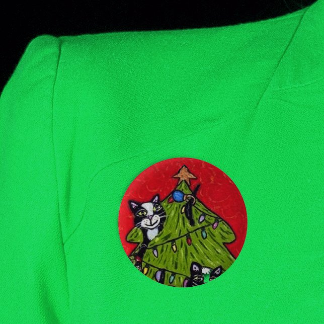 Naughty Cats Climbing in Christmas Tree 6 Cm Round Badge (Naughty cats in decorated Christmas tree with star and lights on red round pin back button.)