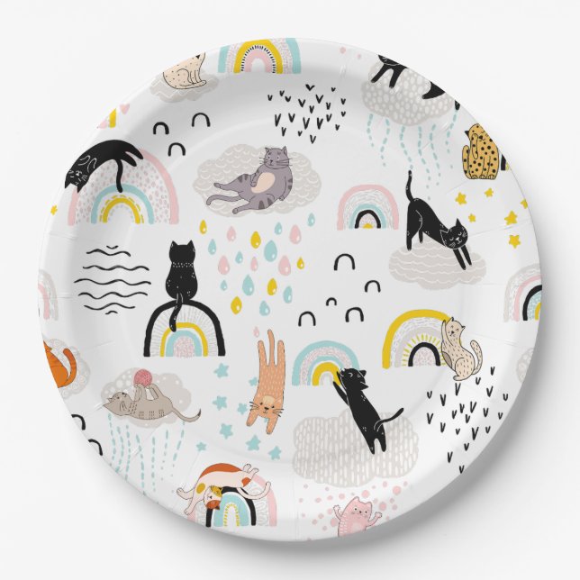 Naughty Cats With Seamless Pattern Rainbows Paper Plate (Front)