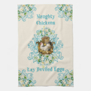Naughty Chickens Lay Deviled Eggs Turquoise Tea Towel
